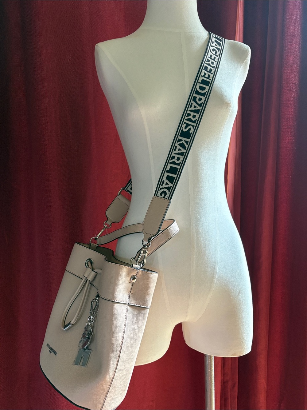Karl Lagerfeld Light tan Bucket Crossbody with Logo Strap, NWT